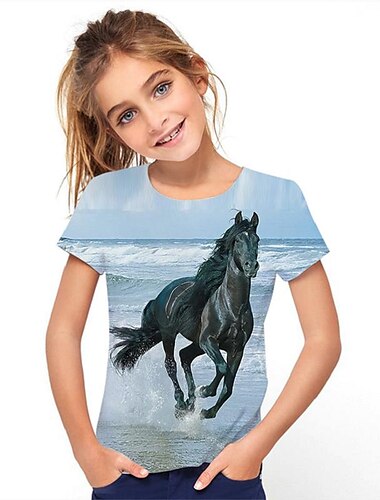  Kinder Mädchen T-Shirt Kurzarm Regenbogen 3D-Druck Pferd Schulanfang Täglich Outdoor Aktiv Grundlegend 3-12 Jahre / Sommer
