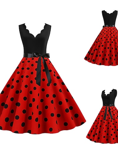  Polkadots 1950s Grease Outfits Cocktail Jurk Knie Lengte Jurk Kerst Jurk Rockabilly Polkadot V Hals Fancy Jurk Vrouwen Kerst Halloween Carnaval Thuiscoming Prom Volwassenen Jurk