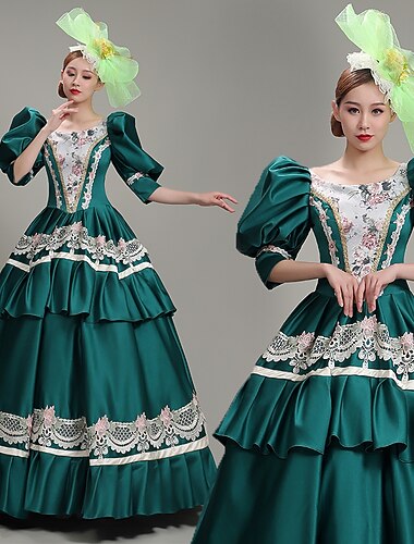  Rococo Victorian Renaissance Floor Length Party Costume Masquerade Prom Dress Plus Size Normal Puff Balloon Sleeve Flare Cuff Sleeve Princess Maria Antonietta Toile Vintage Ball Gown Stand Collar