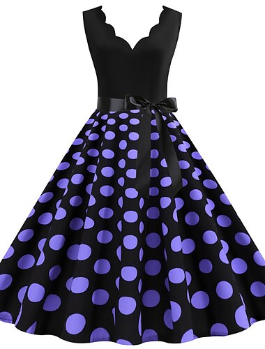  Polka Dots 1950'ernes Grease Outfits Cocktailkjole Knælængde Kjole Rockabilly Flare Kjole Polka Dot V-Hals Fancy Kjole Kvinders Jul Halloween Karnival Hjemkomst Prom Voksen Kjole Hjemkomst