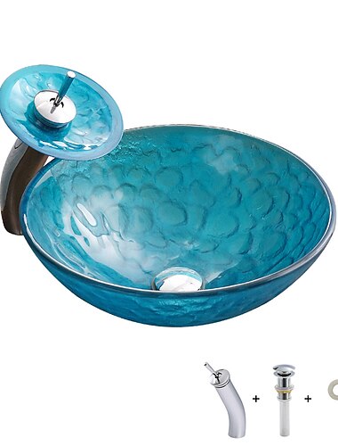  Bathroom Sink / Bathroom Faucet / Bathroom Mounting Ring Vanity Wash Basin - Tempered Glass Round Vessel Sink