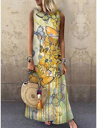  Damen Maxi Kleid Sommerkleid A-Linie Kleid Sommerkleid Freizeit Urlaub Partykleid Casual Lockere Passform Tierdruck Ärmellos Rundhals Hellgelb Hellblau Gelb Rot Sommer Frühling