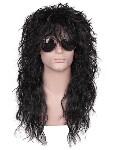  parrucca di muggine parrucca sintetica parrucca riccia ordinata bang parrucca di media lunghezza nera capelli sintetici uomo cosplay party fashion nero (solo parrucca senza occhiali)