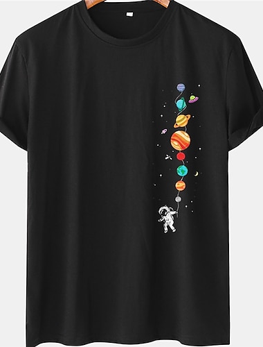  宇宙飛行士 惑星 ブラック ネイビーブルー Tシャツ カジュアルスタイル 男性用 グラフィック コットン混 シャツ 大きくて背が高い エッセンシャル シャツ 半袖 快適なTシャツ カジュアル 夏 ファッションデザイナーの衣類 S M L XL XXL 3XL