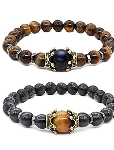  ensemble de bracelet oeil de tigre thérapie hématite bracelets magnétiques bracelets porter chance couronne roi reine perles en pierre naturelle couple bracelet pour hommes femmes (a)