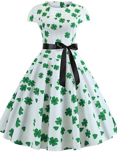  Retro / vintage Lata 50. sukienka na wakacje Sukienka w stylu lat 20-tych Sukienka huśtawka Irlandczyk koniczyna Lucky Clover Damskie Bal maskowy dzień Świętego Patryka Codzienne Wieczór panieński