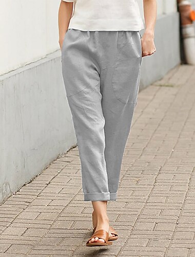  Damen Normal Hose aus Baumwollleinen Chinos Stoffhosen Basic Lässig / Sportlich Knöchellang Mittlere Taille Einfache Einfarbig Tasche Baggy Komfort Unelastisch Täglich Wochenende Weiß Grün Khaki Grau