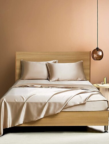  4 delar satinlakan set hotell lyxiga silkeslena lakan mjuka premium satinlakan skrynkla&amp; blekbeständiga sängkläder set lakan set, inkluderar 1 djupa ficka monterat lakan (12 tum), 1 platt lakan,