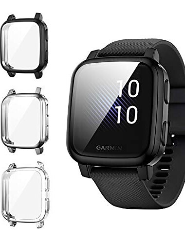  suoman 3-pack voor garmin venu sq case, volledige dekking beschermende tpu bumper cover screen protector case voor venu sq music / venu sq smartwatch - zwart + zilver + transparant