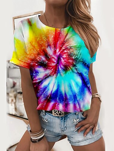  Damen T-Shirt Basic Farbblockdruck Kurzarm Normal Oberteile Rundhals Alltag Wochenende Gelb Rot Blau Grün Regenbogen