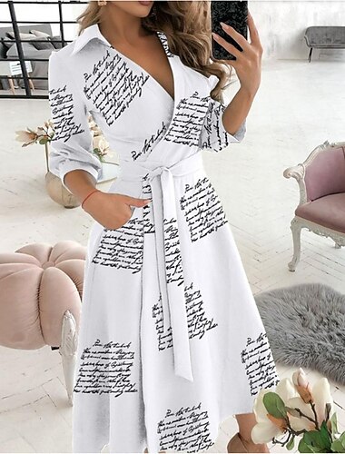  A-Linienkleid für Damen, Midikleid, Batik, Buchstabendruck, Schmetterlingsdruck, große Wellenspitze, kleine Punkte, Rautendruck, schwarz, khaki, himmelblau, rot, Langarm, Druck, Schmetterling, reine