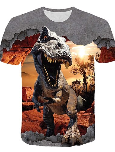  Kinder Jungen Dinosaurier 3D-Druck T-Shirt Kurzarm Tierdruck Grau Kinderoberteile Sommer Aktiv Alltagskleidung Normale Passform 4-12 Jahre