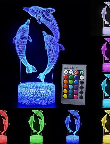  Lámpara de noche con delfines 3d, lámpara de noche de marsopa de 16 colores con control remoto, regalo de cumpleaños para niña