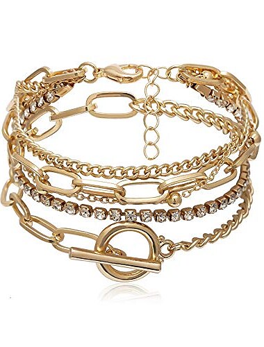  5pcs fait à la main couleur or épaisse chunky réglable lasso strass perles bracelet ensemble multi couches ronde rectangle chaîne toggle cristal bracelets de charme pour les femmes filles cadeaux de