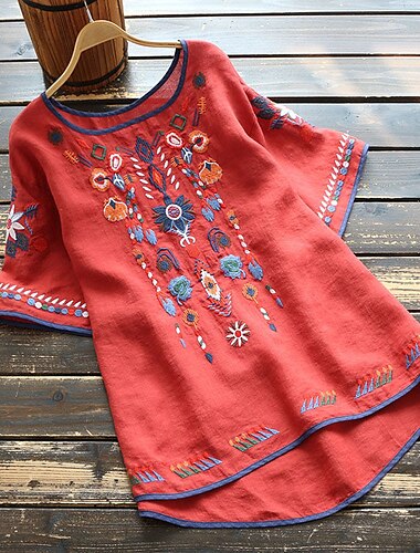  Damen Hemd Bluse Stammes Basic Kurzarm Rundhalsausschnitt Täglich Weiß Gelb Rote Sommer Frühling