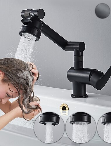  Rubinetto per lavabo da bagno, ottone girevole a 360 gradi sollevabile a 3 prese multifunzione monocomando rubinetti per vasca monoforo (nero opaco/cromo)