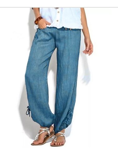  Damen Hose aus Baumwollleinen Lange Unterhosen Baggy-Hosen Urlaub solide Lounge Mittlere Taille Baggy Mehrere Taschen Seitenknopf Urlaub Täglich Wochenende Schwarz Weiß Weinrot Marineblau Sommer