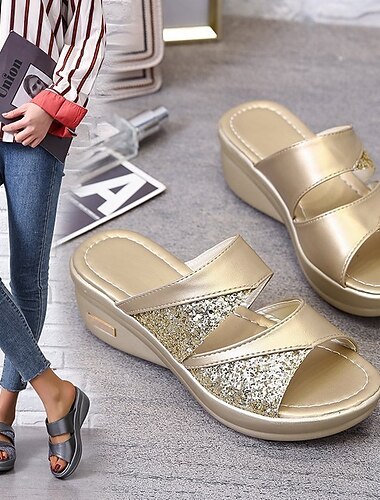  dames glitter wedge sandalen - gouden instap platform schoenen met comfortabele zool voor casual en feestelijke gelegenheden
