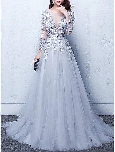  שמלת ערב שמלת ערב שמלת יוקרה שמלת אירוסין אורחים לחתונה רכבת חצי שרוול אשליה צווארון טול עם אפליקציות חרוזים 2024