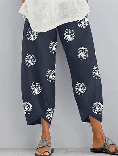  Damen Normal Hose aus Baumwollleinen Chinos Stoffhosen Basic Lässig / Sportlich Knöchellang Mittlere Taille Grafikdrucke Löwenzahn Tasche Baggy Druck Komfort Unelastisch Täglich Wochenende Graues
