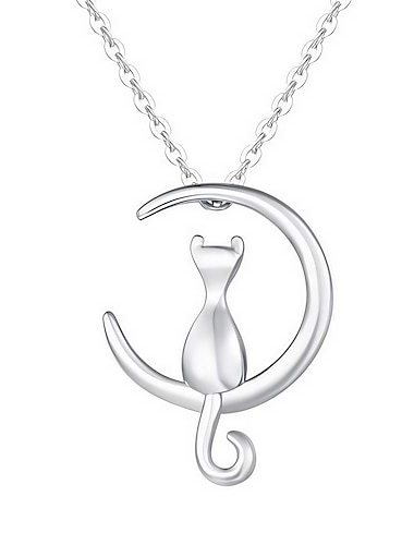  fancime sterling silver crescent moon cat pendant necklace half moon double horn cat moon necklace dinty jewelry gifts for mom women teen girls,16+ 2" extender
