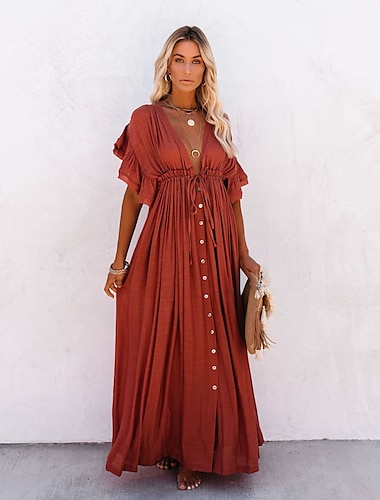  Femmes Vert militaire Rouge rouille orange Noir Été Printemps Automne Robe Longue Maxi Robe Robes inspirées du lin Robe Décontractée Robe évasée Boho Plage Coupe Ample Couleur Unie Col en V