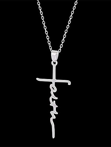  Women's Necklace Faith Cross Jesus Stainless Steel Pendant Necklace Gold Silver Cross Necklace for Dainty Women Letters Decoration Jewelry Faith Grace Love