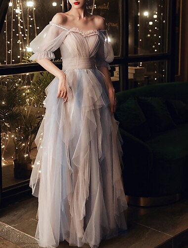  שמלות נשף a-line color block שמלת מסיבת כלה שמלת יום הולדת באורך רצפת חצי שרוול טול צווארון סקופ עם קפלים סלסולים 2024