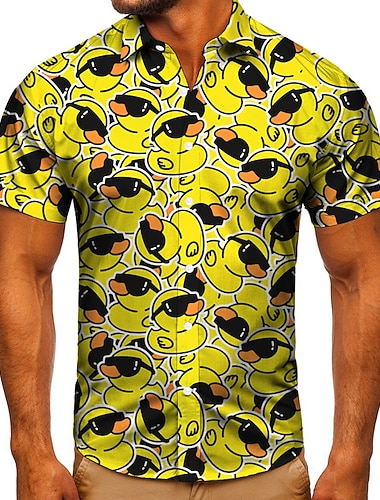 Homens Pato Camisa Social camisa de botão Manga Curta Moda Designer Clássico Rua Diário Feriado Primavera Verão Aberto para a Lateral Botão para baixo Amarelo