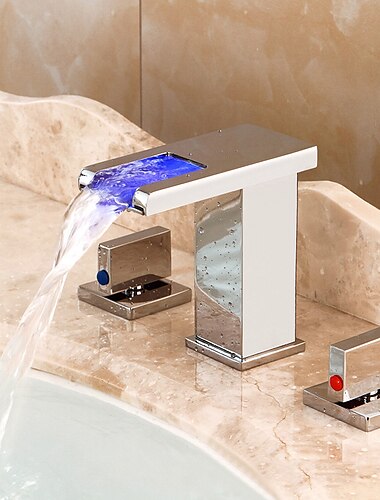  Weit verbreiteter Badezimmer-Wasserhahn, Wasserfall-Waschtischmischer, Waschtischarmaturen, LED, 3 Farben mit Temperatur, Messing, 3 Löcher, 2 Griffe, Deckmontage, Waschraum-Wasserhahn mit heißem und kaltem Schlauch