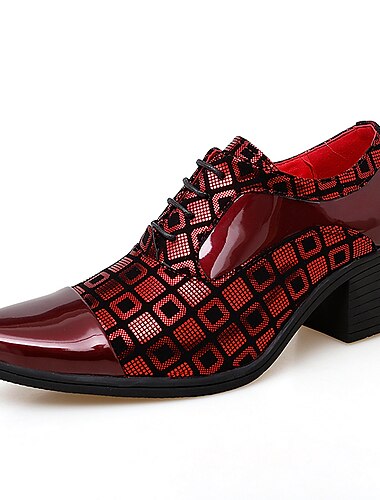  sapatos oxford masculinos de salto bloco em couro envernizado vermelho e preto com estampa geométrica – calçados formais para festas e dança