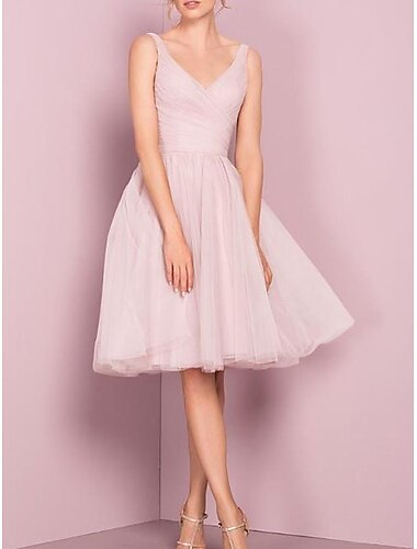  Γραμμή Α Κοκτέιλ Φορέματα Πλαστά Φόρεμα Καλωσόρισμα Αποφοίτηση Μέχρι το γόνατο Αμάνικο Λαιμόκοψη V Ροζ φόρεμα Τούλι με Πλισέ 2024
