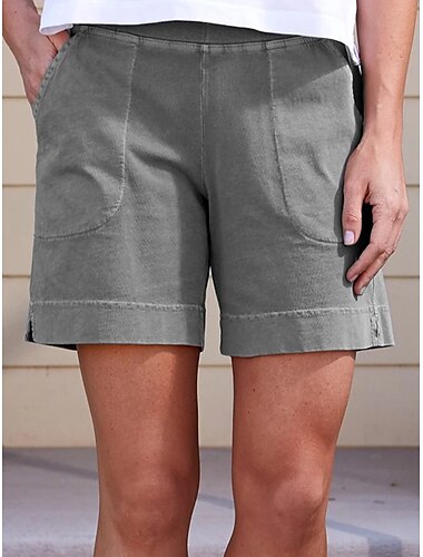  Mujer Pantalón corto Bermudas Lino Artificial Bolsillo Separado Media cintura Corto Negro Verano