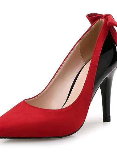  tacchi a spillo rossi e neri con punta affilata – eleganti décolleté in pelle scamosciata con fiocco per donna, abiti da festa e da sera