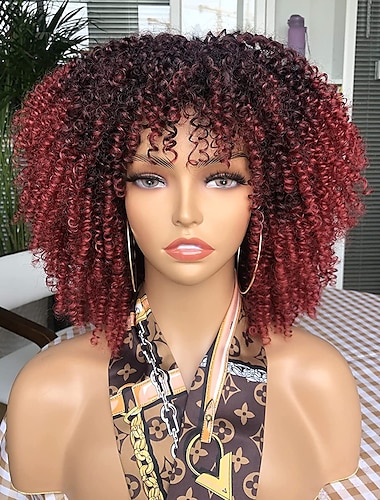  peluca afro rizada con flequillo para mujeres negras peluca rizada corta rizada pelucas completas marrones sintéticas resistentes al calor de 14 pulgadas pelucas de fiesta de navidad