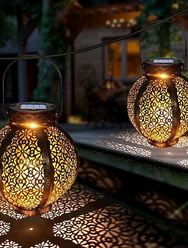  רמדאן eid אורות שמש אורות שמש תלייה חיצונית שמש וינטג' מנורת גן רטרו פנסים חלולים אורות סולאריים עם ידית לחצר גדר עץ פטיו נוף זר תאורת