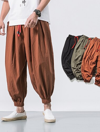  Herr Linne Byxor Långbyxor Sommarbyxor Strandbyxor Joggarbyxor Snörning Klassisk Slät Utomhus Ankellång Hem Dagligen Stylish Klassisk Stil Lös passning Svart Brun Microelastisk
