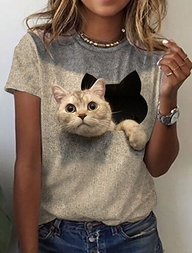  Damen T Shirt Schwarz Weiß Blau Graphic Katze Bedruckt Kurzarm Täglich Wochenende Vintage Rundhalsausschnitt Standard 3D Cat Farbe S