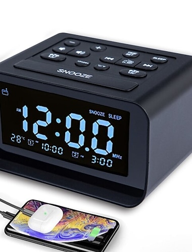  FM Radio Digital Alarm Clock FM Radio LED Display 12/24H Temperature Detect Dual Alarms 2 USB Chargers Adjustable Brightness Dimmer Outlet powered for Bedroom Kids Heavy Sleepers Adult DC Powered