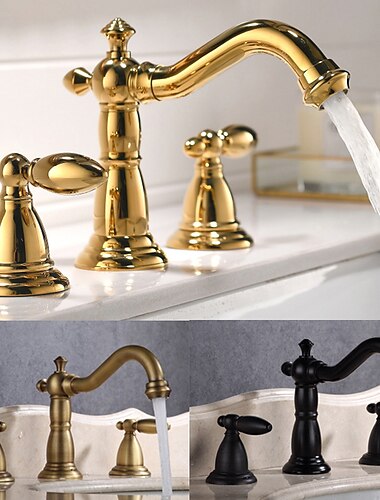  vintage wijdverspreide badkamer wastafel mengkraan, 360 draaibare retro-stijl messing 3-gats 2-greeps wastafelkraan op het dek gemonteerd, wasruimte wastafel vat waterkraan met warme en koude slang