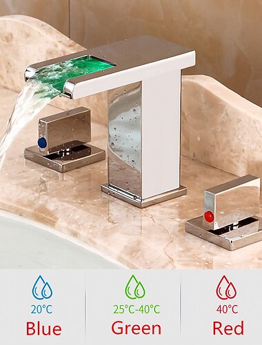  wijdverspreide badkamerkraan waterval wastafelmengkraan wastafelkranen led 3 kleuren met temperatuur, messing 3 gat 2 handvat op het dek gemonteerd, wasruimte vat waterkraan met warme en koude slang