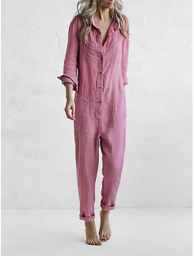  Women's Jumpsuits Utility Casual Summer Button Front Solid Color Shirt Collar Basic Home Traveling Regular Fit Long Sleeve Pink S M L