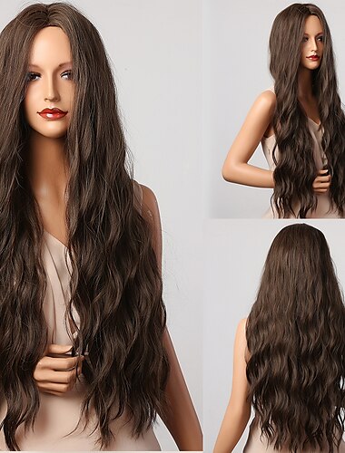  parrucca sintetica onda sciolta arricciatura stretta parte centrale parrucca molto lunga marrone scuro capelli sintetici donne alla moda design morbido nuovo arrivo marrone scuro