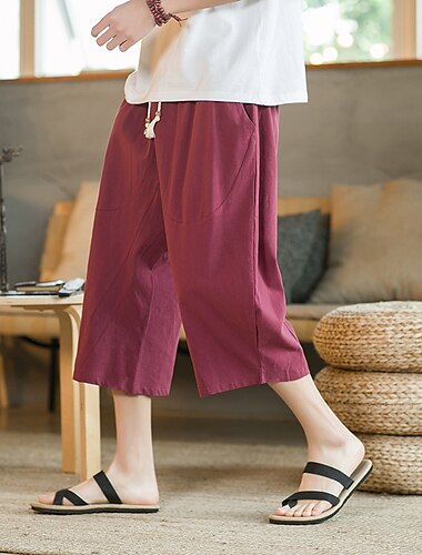  Herren Leinenshorts Kurze Hosen Sommer-Shorts Caprihose Gerade Tasche Kordelzug Elastische Taille Feste Farbe Komfort Atmungsaktiv Knöchellänge Täglich Ausgehen Leinen / Baumwoll Mischung Modisch