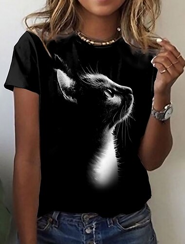  女性用 Tシャツ 動物 猫 3D プリント 日常 週末 ベーシック 半袖 ラウンドネック ブラック