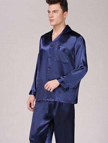  Bărbați Satin și mătase Pijamale Top și pantalon de pijama Pijama de mătase 2 Piese Culoare pură Lux Casă Pat Mătase artificială Confort Manșon Lung Pantaloni Iarnă Toamnă Albastru pur Cablu albastru