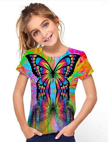  Mädchen 3D Tier Regenbogen T-Shirt Kurzarm 3D-Druck Sommer Aktiv Polyester Kunstseide kinderkleidung 3-12 Jahre Outdoor Täglich