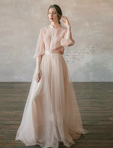  Two Piece Party Dress Minimalist Wedding Guest Formal Evening Birthday Dress Stand Collar Long Sleeve Floor Length Chiffon with Tier 2024