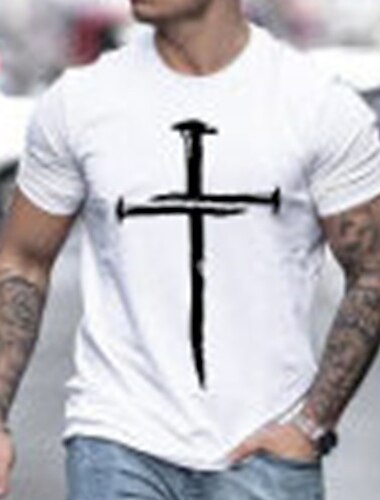  Heren Casual Korte Mouwen Graphic T-Shirt met Beige Nagel Kruis Geloofsontwerp