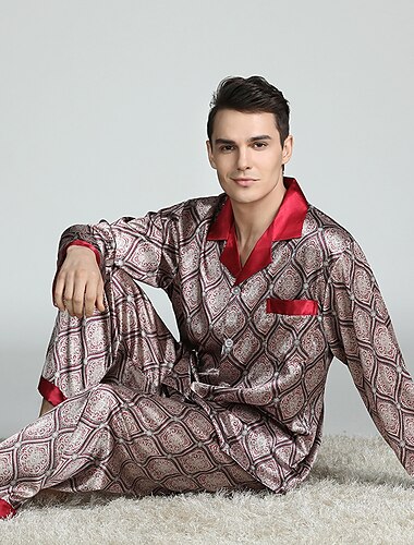  Bărbați Pijamale Top și pantalon de pijama Pijama de mătase 2 Piese Geometică Lux Casă Pat Plajă Poliester Confort Manșon Lung Pantaloni Vară Primăvară Set pijamale roșii de petrecere Set de pijamale